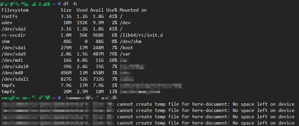 cannot create temp file for here-document: No space left on device-图片1